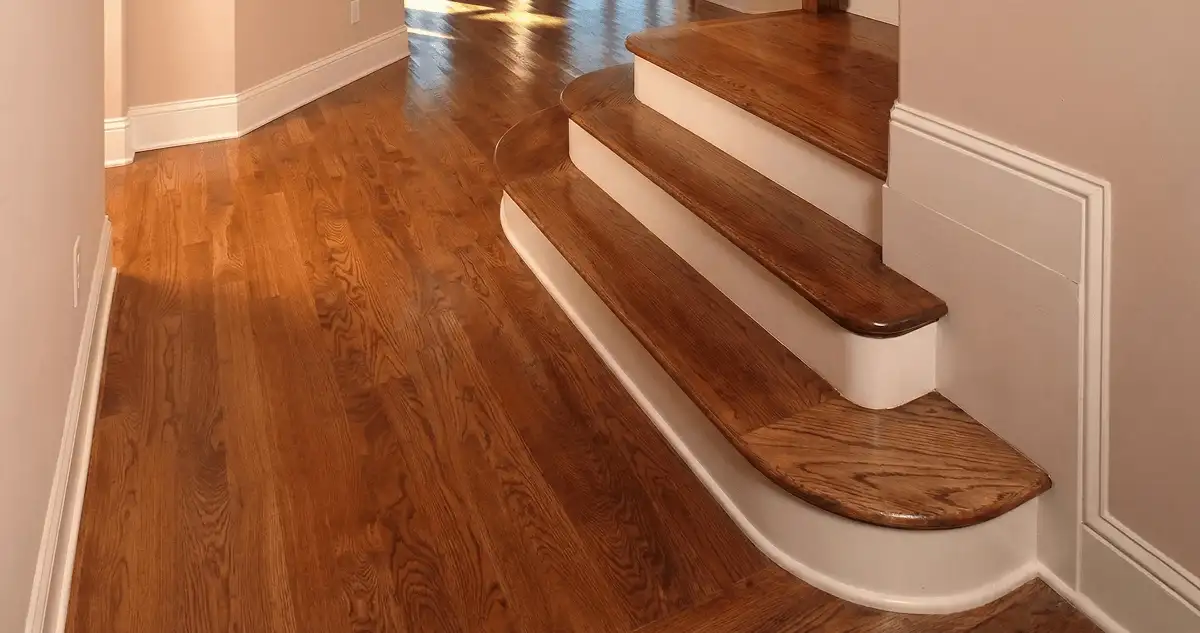 Base floor of a staircase with professionally restored wood flooring in Anchorage AK
