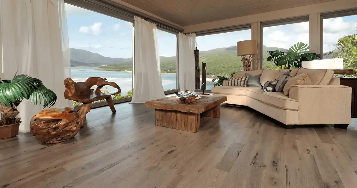 Professionally installed vinyl flooring in a modern living room with large windows in Anchorage, AK